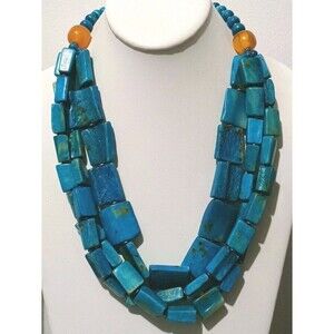 Turquoise Tone Dyed Magnasite  Real Amber Triple Strand Vintage Heavy Necklace